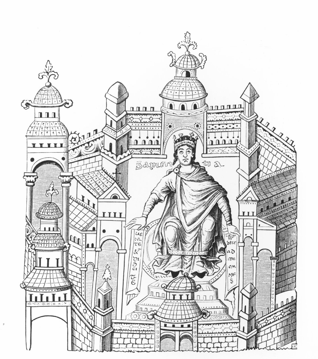 Ein karolingischer König in seinem Palast, personifiziert Weisheit, die an die gesamte Menschheit appelliert, nach einer Miniatur in einem Manuskript, kopiert von Graf Horace de Viel-Castel (1798-1864) von French School