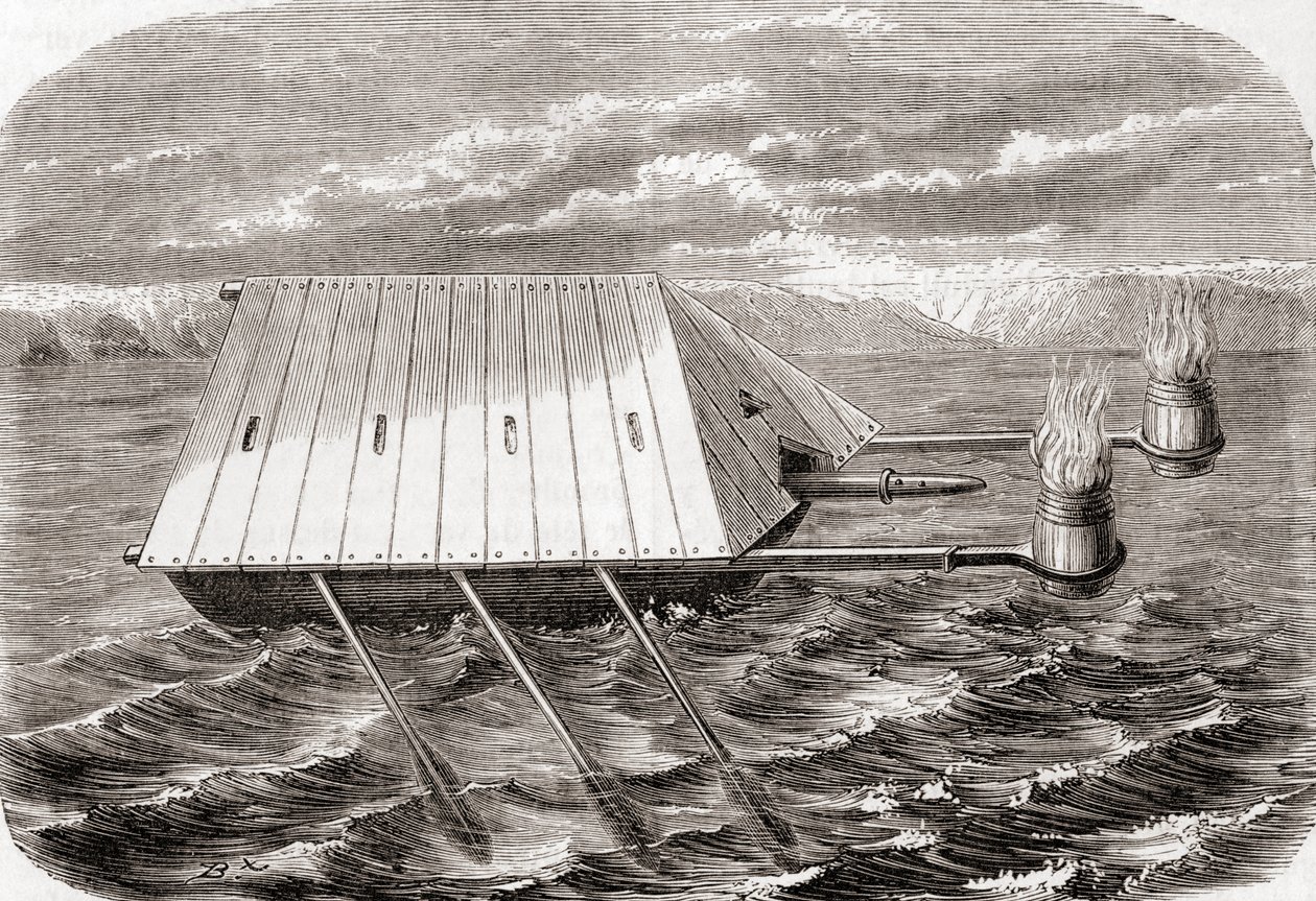 Ein griechisches Feuerschiff, nach einer Zeichnung in einem lateinischen Manuskript aus dem 13. Jahrhundert, aus „Les Merveilles de la Science“, veröffentlicht ca. 1870 (Gravur) von French School