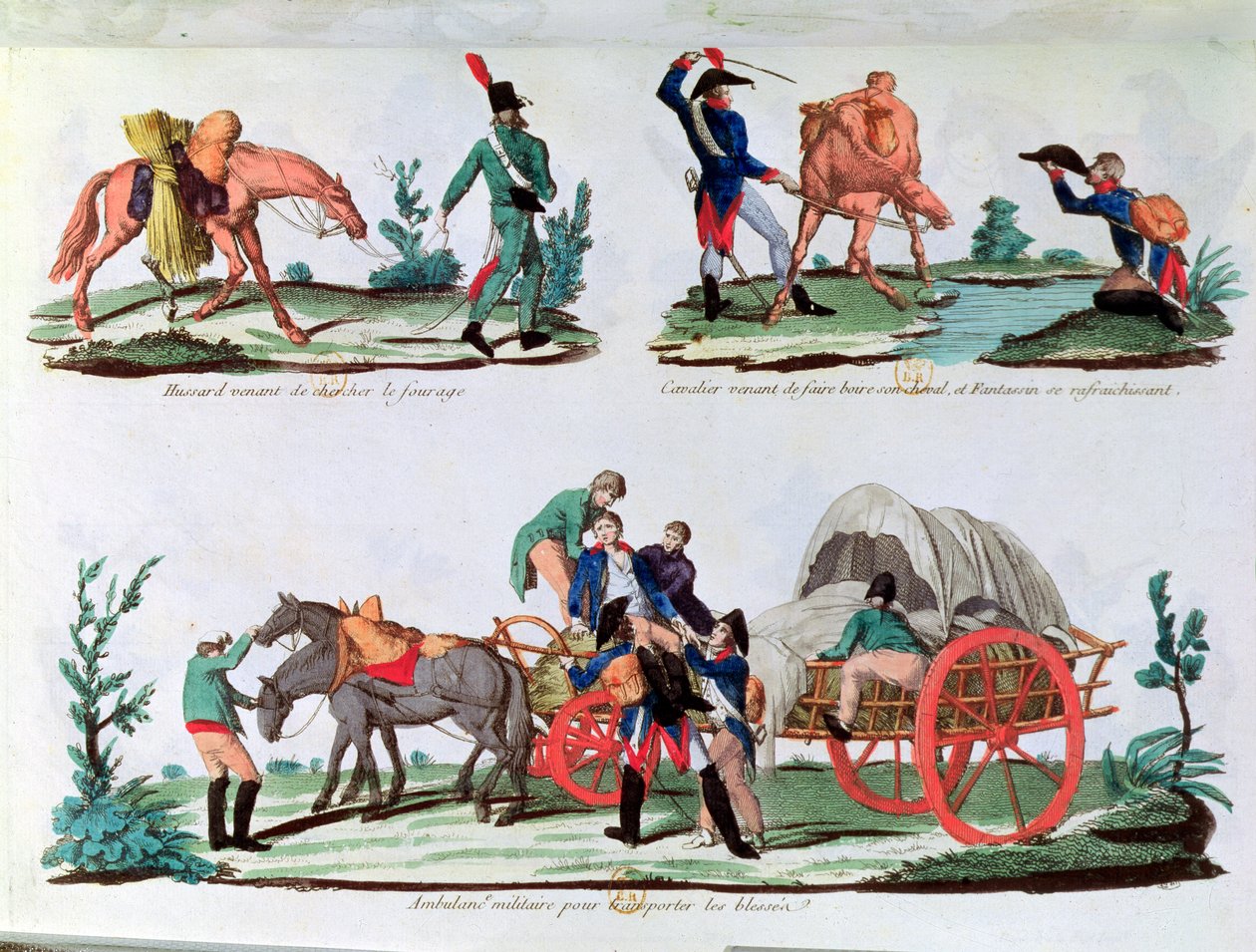 Ein Husar, der Futter trägt, ein Kavallerist und ein Infanterist, der seinen Durst stillt, und eine Militärambulanz von French School