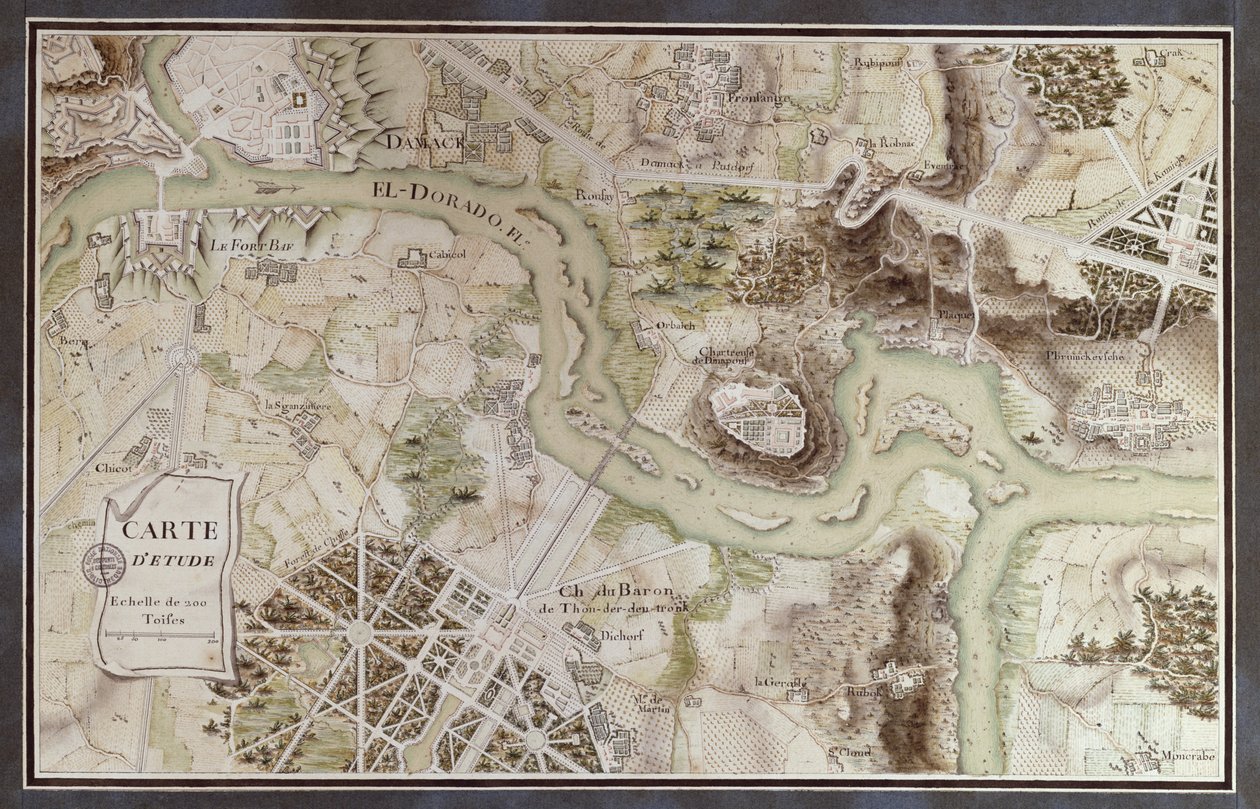 Eine Karte inspiriert von Candide von François Voltaire (1694-1778) für einen Wettbewerb organisiert von der École Nationale des Ponts et Chaussées in Paris, spätes 18. Jahrhundert (Feder & Tinte und Aquarell auf Papier) von French School