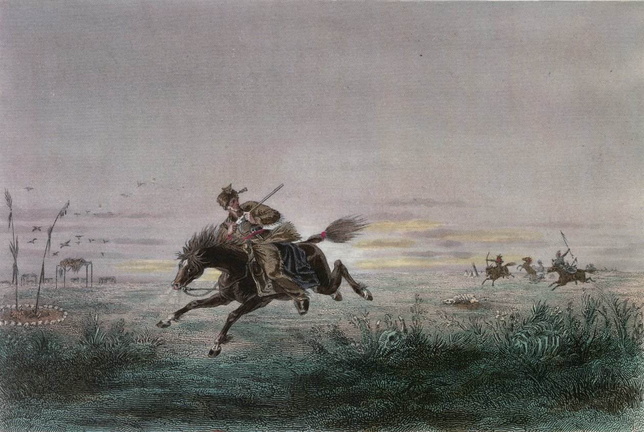 Ein Postbote des amerikanischen Pony Express wird von Ureinwohnern angegriffen von French School