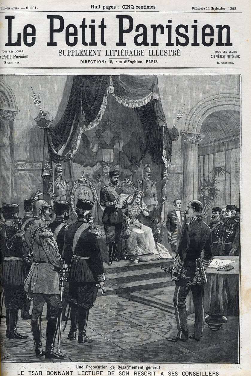 Ein Vorschlag zur allgemeinen Abrüstung (an die europäischen Mächte gerichtet) - Zar Nikolaus II. (1868-1918) liest seinen Erlass seinen Beratern vor. Le Petit Parisien von French School