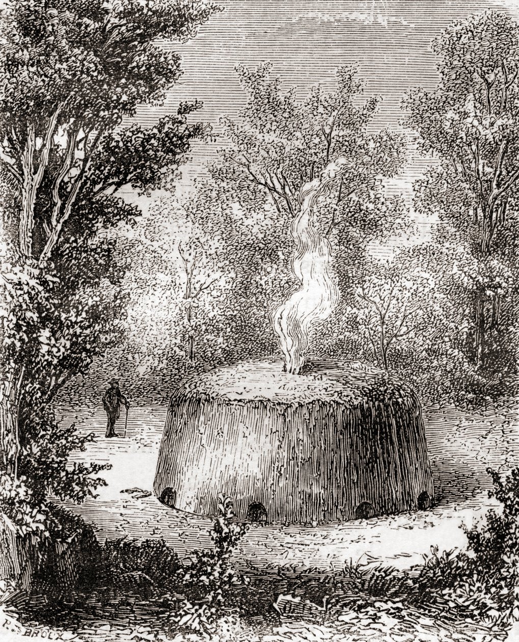 Ein Holzkohlemeiler im Wald, nach einer Zeichnung aus dem 19. Jahrhundert, aus Les Merveilles de la Science, veröffentlicht um 1870 (Gravur) von French School