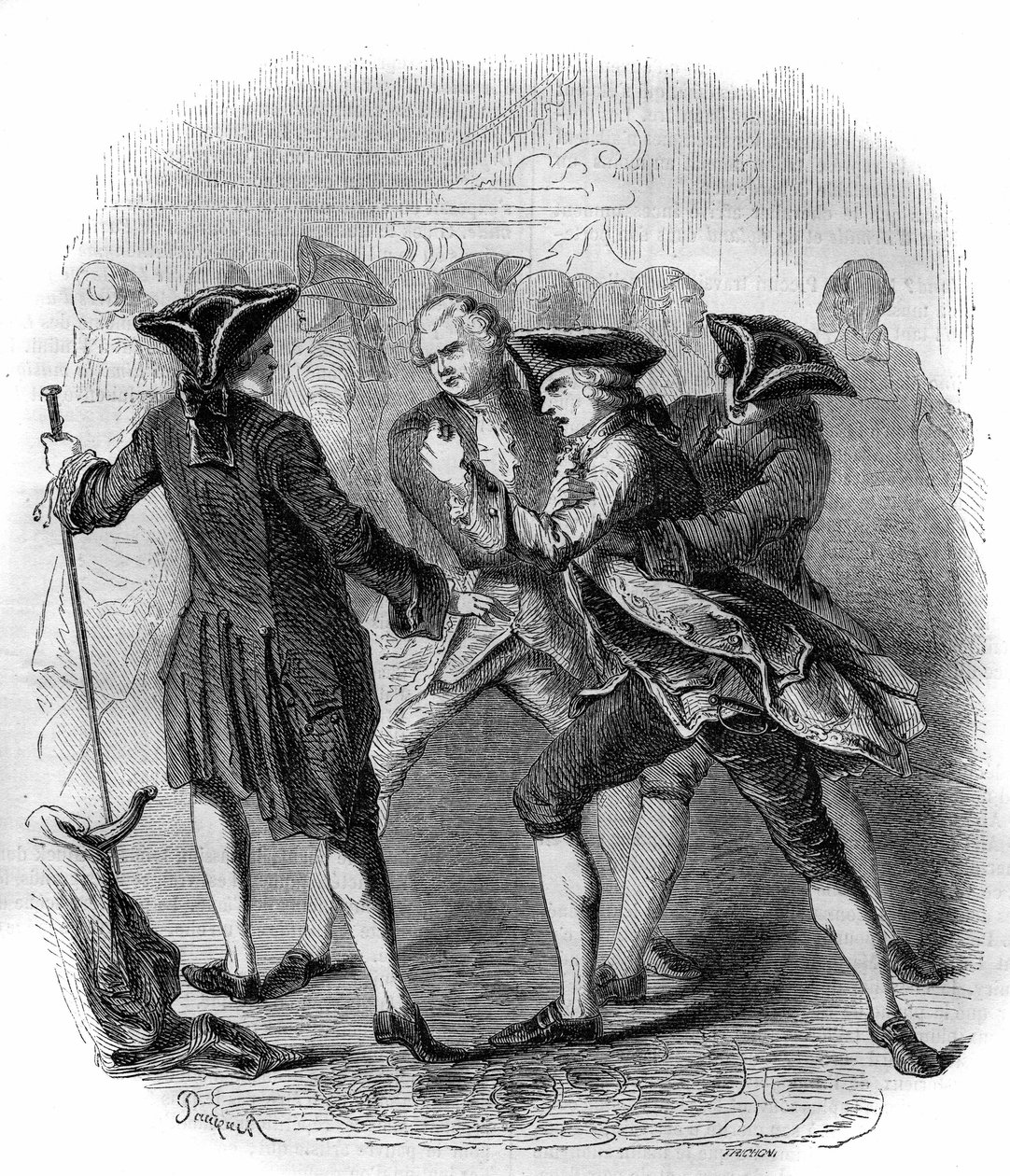 Eine Konfrontation zwischen „Gluckisten“ und „Piccinisten“, die die Rivalität zwischen den Komponisten Christoph Willibald Gluck und Niccolò Vito Piccinni illustriert. Gravur von 1856 von French School