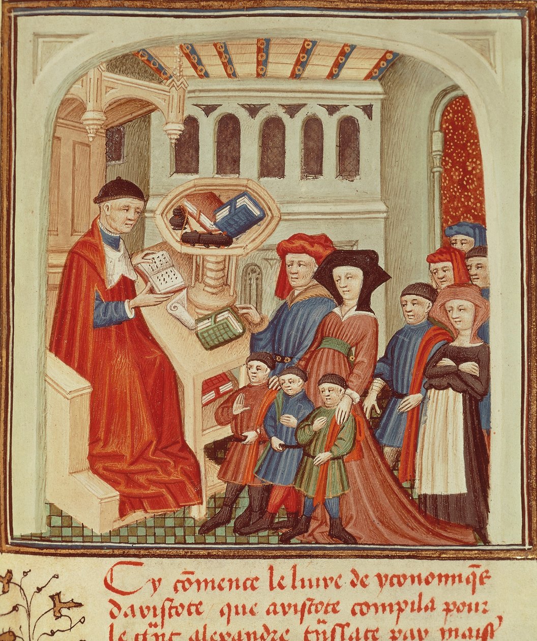 Eine Familie vor einem Finanzier, Miniatur aus Ethik, Politik, die Wirtschaft von Aristoteles, Frankreich von French School