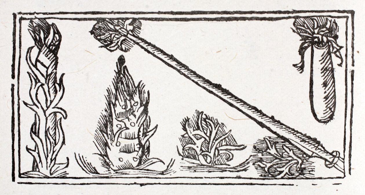 Eine flammende Lanze, eine aufsteigende Flamme und feurige Funken von French School