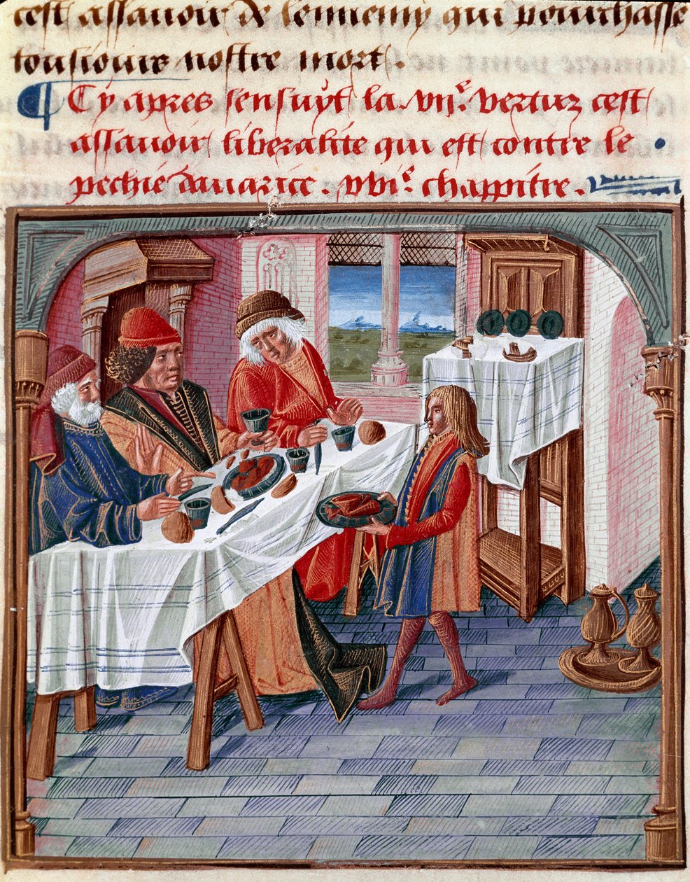 Ein Mann teilt seinen Tisch mit einem Bedürftigen. Miniatur aus „Le livre de bonnes mœurs de Jacques Legrand“ 1490 Chantilly, Musée Condé von French School
