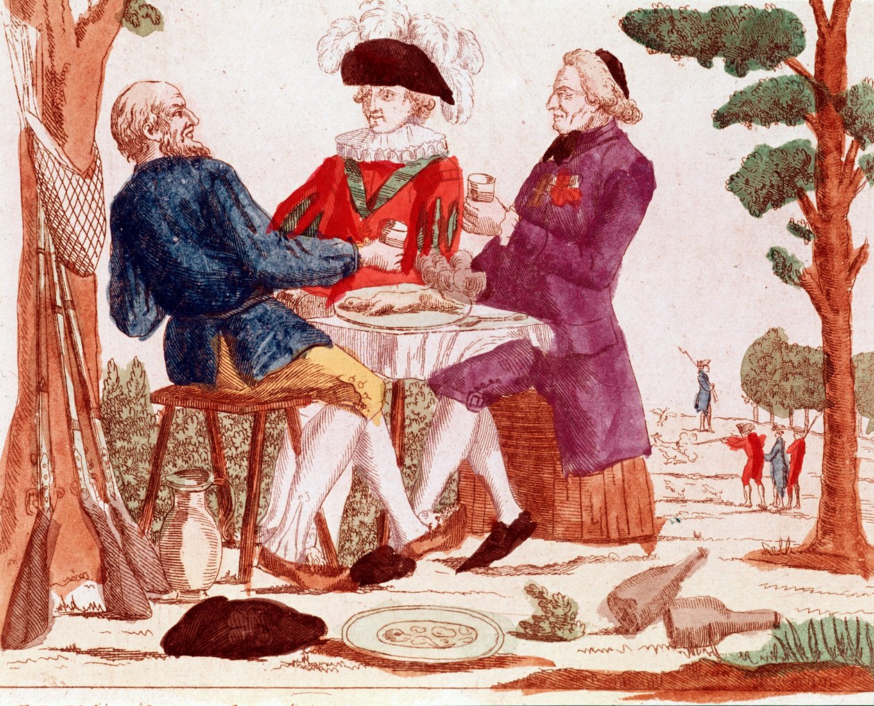 Ein Bauer (Dritter Stand), Klerus und Aristokrat essen gemeinsam einen Hasen an einem Tisch, im rechten Hintergrund eine Jagdszene, links drei Gewehre, August 1789 (Gravur, späte 18. Jahrhundert) von French School