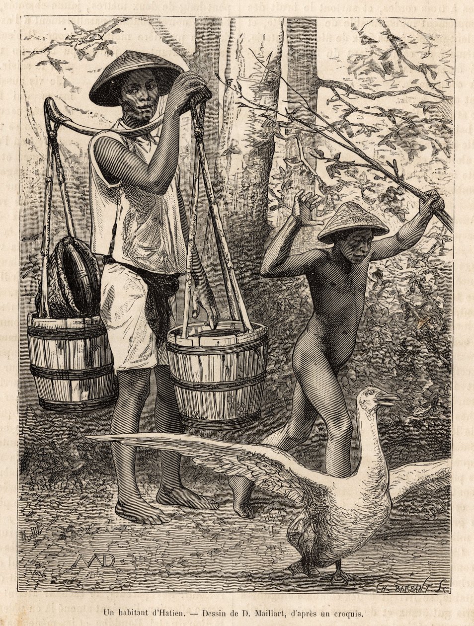 Ein Bewohner von Hatien (Vietnam) trägt Eimer und Korb und ein Kind jagt eine Gans mit einem Stock, Gravur nach einer Zeichnung von Robin, die die Reise nach Cochinchina von Doktor Morice in 1872 illustriert, veröffentlicht in "Le tour du monde" 1875, hera von French School