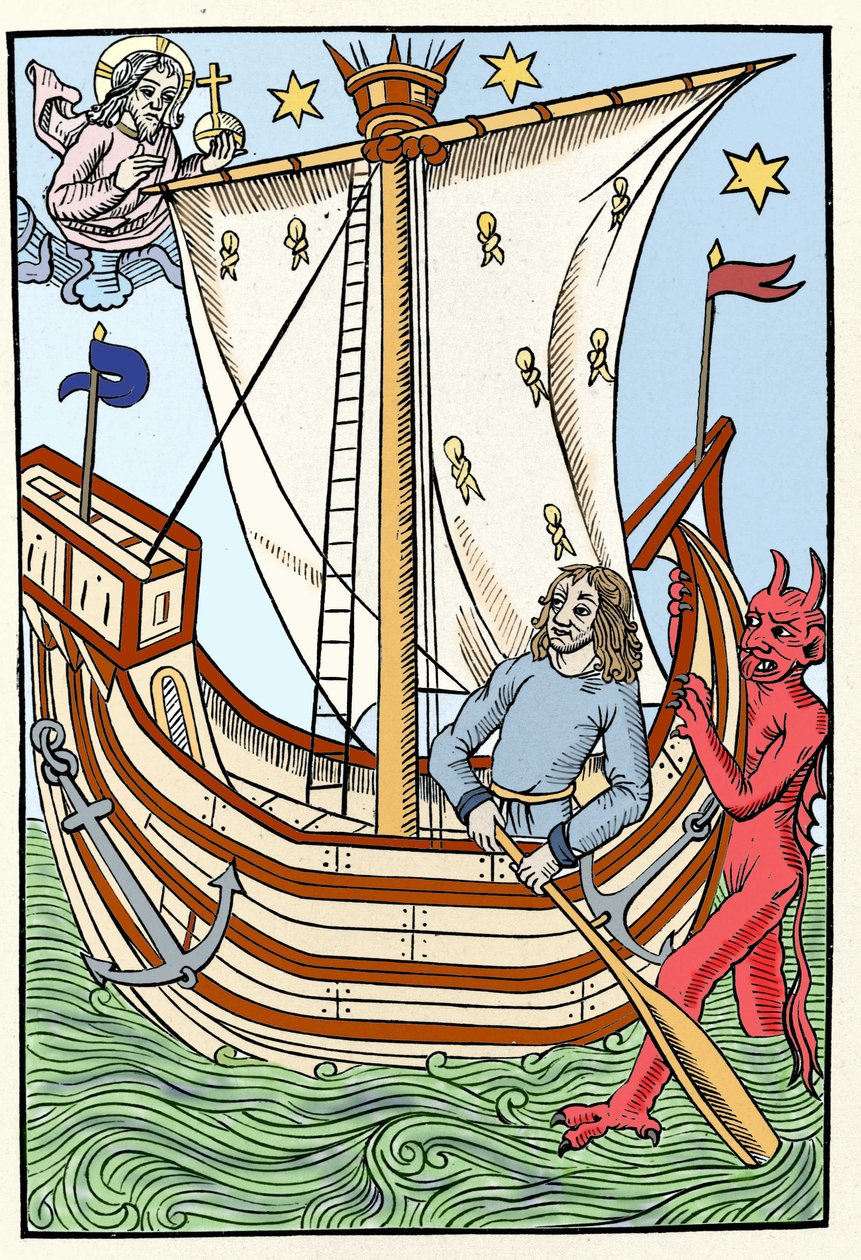 Ein Schiff in den Gefahren des Meeres. Ein Dämon ergriff den Bug, während Gott sich links manifestierte. Gravur aus „Der große Kalender und Kompost der Hirten“, Troyes 1491 von French School
