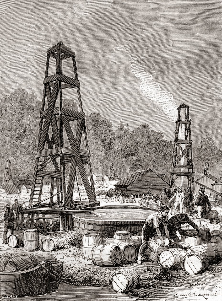 Eine Erdölquelle am Oil Creek am Allegheny River, Pennsylvania, USA im Jahr 1858, entdeckt von Edwin Laurentine Drake, alias Colonel Drake, aus 