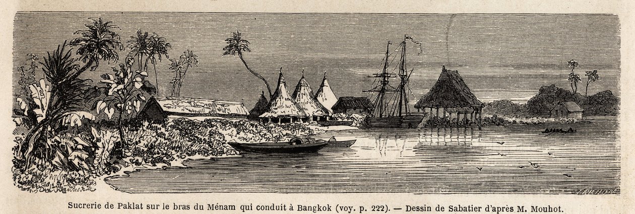 Eine Zuckerfabrik von Paklat am Arm des Menam, Hauptfluss von Thailand. Zeichnung von Sabatier zur Illustration von Henri Mouhots Reise in die Königreiche Siam, Kambodscha und Laos von 1858 bis 1861. Gravur in „Le tour du monde“, herausgegeben von Edouard  von French School