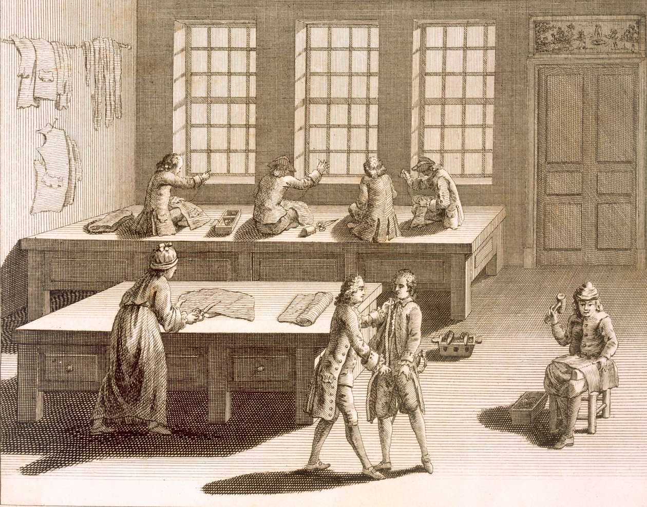 Eine Schneiderwerkstatt, aus der Encyclopedie des Sciences et Metiers von Denis Diderot (1713-84) veröffentlicht ca. 1770 von French School