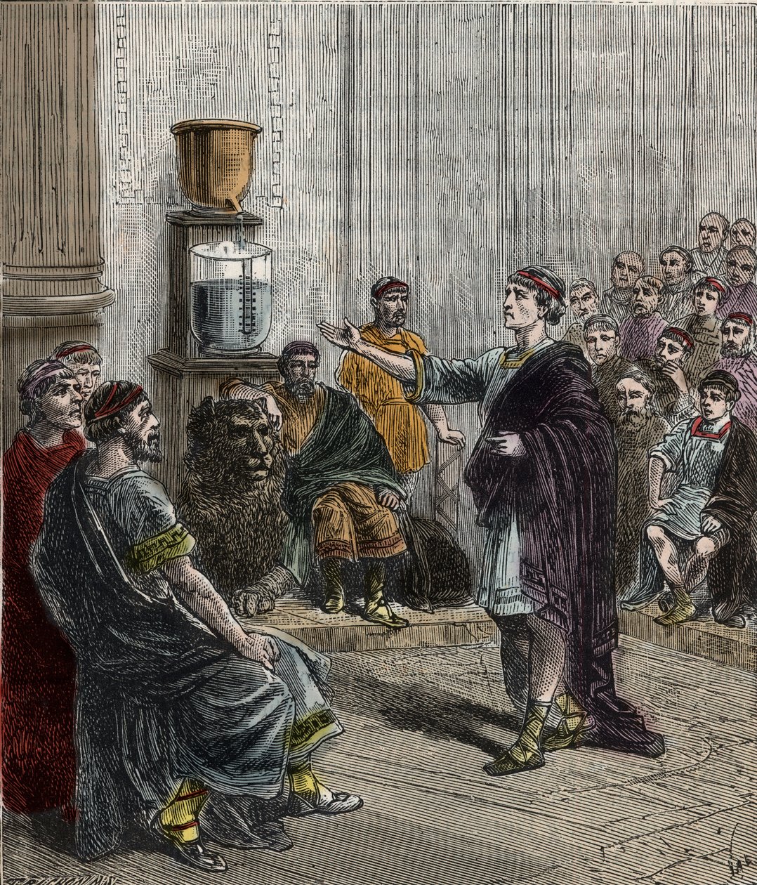 Eine Wasseruhr oder Klepsydra in Athen - Antikes Griechenland - Die Klepsydra in Athen - Gravur in „Wissenschaften für alle - Physik und Chemie populär“ von Alexis Clerc - Ende 19. Jahrhundert - Private Sammlung von French School