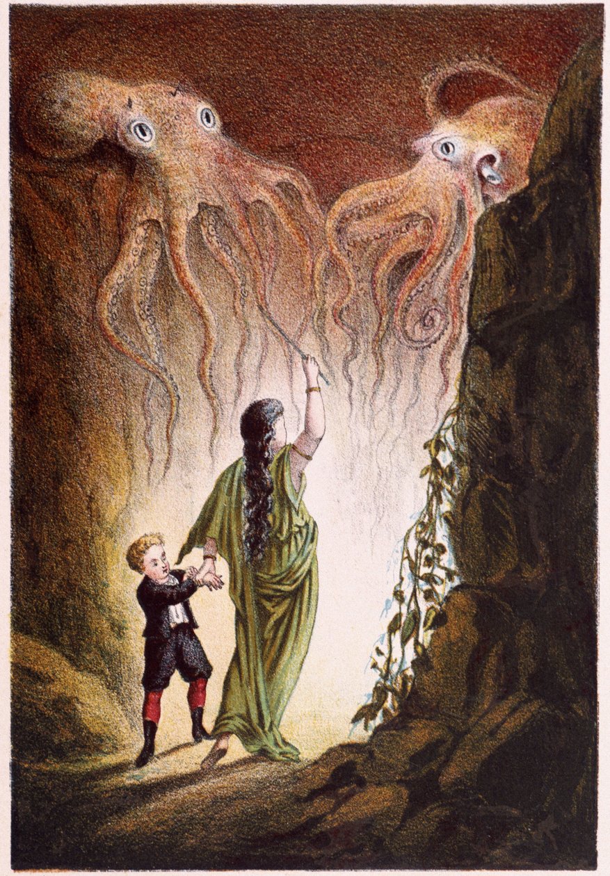 Eine Frau und ein Junge werden von zwei riesigen Kraken angegriffen - in „Reise zum Meeresgrund“ von H. de la Blanchère. Paris, ed. Jouvet et Cie, sd. 1880 von French School