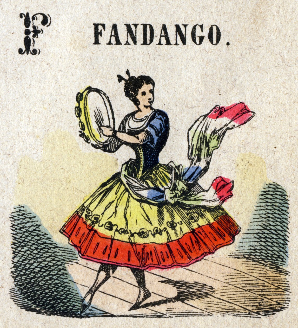Abecedarium. Buchstabe F wie Fandango. Kleines enzyklopädisches Alphabet, beliebte Serie. Epinaler Bildgebung, Ende des 19. Jahrhunderts von French School