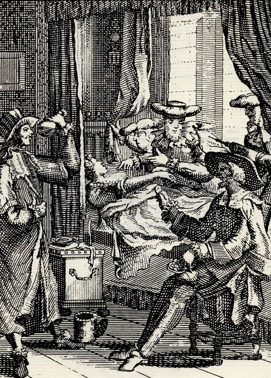 Akt II des Theaterstücks „Die Liebe als Arzt“ von Molière (1665): Lucinde, die Tochter von Sganarelle, untersucht von 4 inkompetenten Ärzten, Gravur von French School