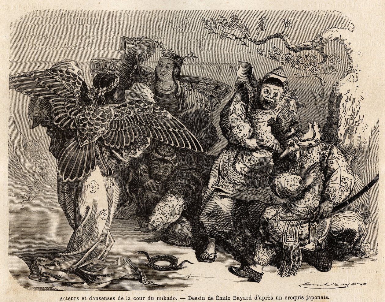 Schauspieler und Tänzer des Mikado-Hofes in Bühnenkostümen. Gravur zur Illustration der Reise nach Japan 1863-1864, von Aime Humbert, Minister der Schweizerischen Eidgenossenschaft, in 