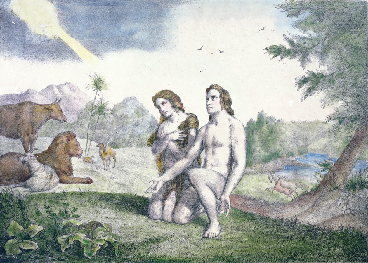 Adam und Eva im Garten Eden, spätes 19. Jahrhundert von French School