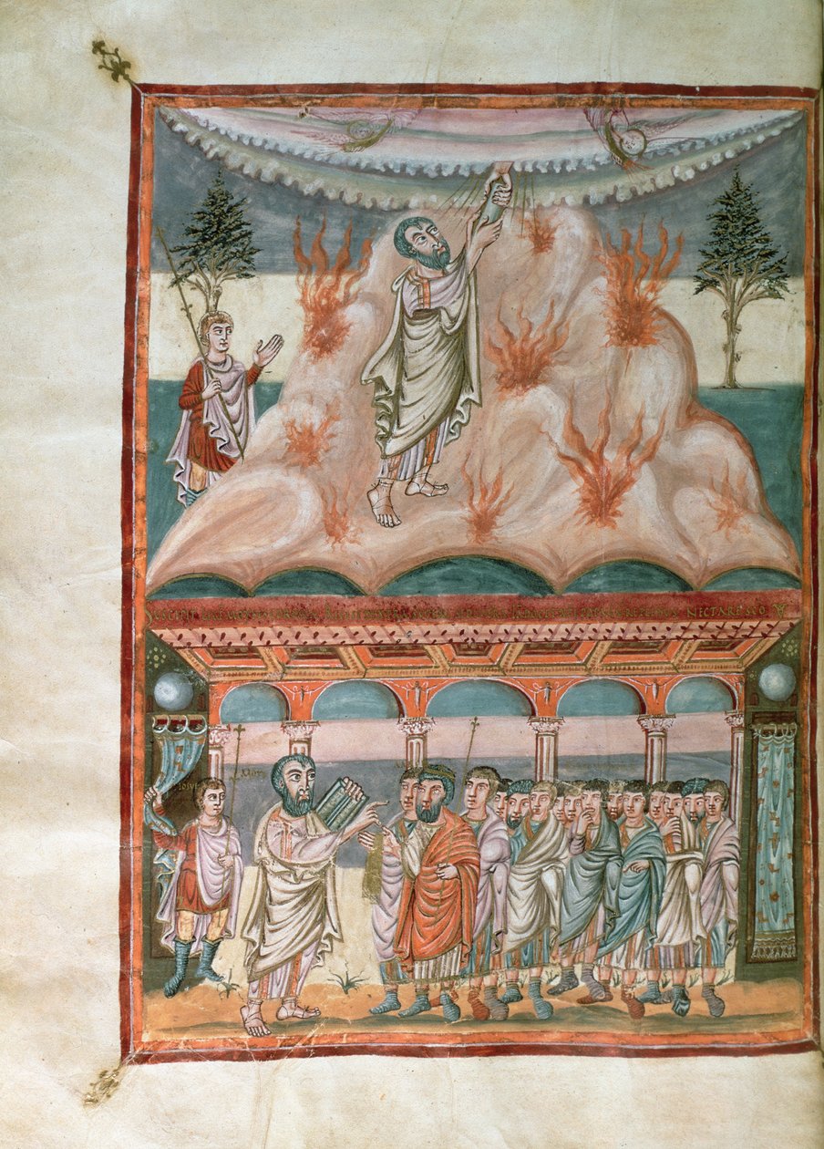 Moses empfängt und übermittelt das Gesetz Gottes auf dem Berg Sinai, aus der Moutier-Grandval-Bibel, illuminiert in der karolingischen Abtei St. Martin, Tours, ca. 834-843 von French School