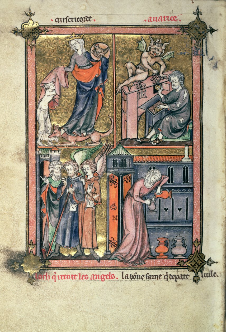 Add 54180 f.136b Barmherzigkeit und Geiz, Lot und die Engel; die Witwe und ihr Öl, aus "La Somme le Roy" von Frere Laurent, illuminiert von Maitre Honore (Pergament) von French School