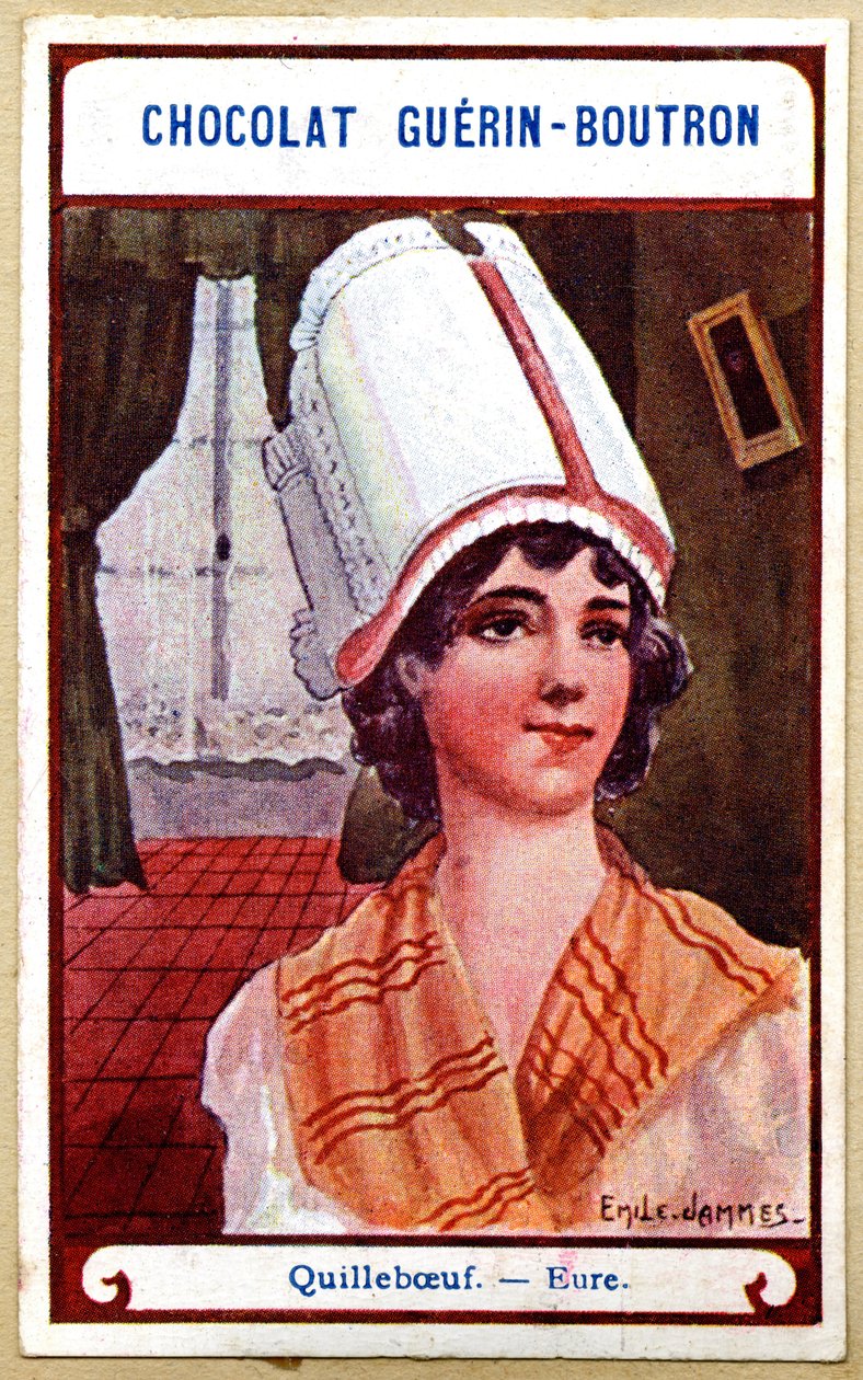 Werbe-Chromolithographie von Chocolats Guerin Boutron, die Kopfbedeckungen der Regionen Frankreichs, Quilleboeuf, Eure, Illustration Emile Jammes von French School