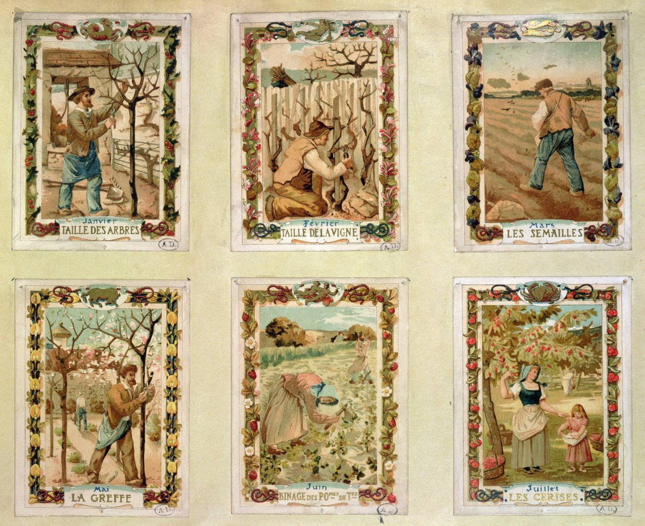 Landwirtschaftlicher Kalender, der die verschiedenen Jahreszeiten der Landwirtschaft darstellt, Ende des 19. Jahrhunderts von French School