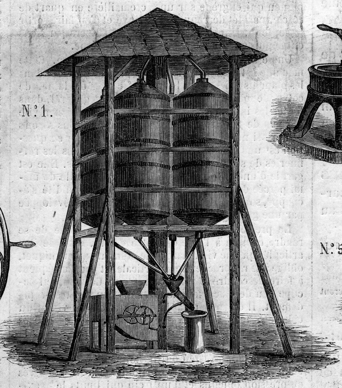 Landwirtschaftliche Maschine: ein konservativer Dachboden für Weizen, präsentiert auf der Landwirtschaftsausstellung 1860 in Paris. Gravur in „Le Monde Illustré“ Nr. 168 vom 30. Juni von French School