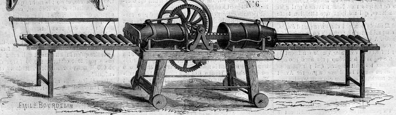 Landwirtschaftsmaschine: eine Maschine zur Herstellung von Drainagerohren, präsentiert auf der Landwirtschaftsausstellung 1860 in Paris - Gravur in „Le Monde Illustré“ Nr. 168 vom 30. Juni von French School