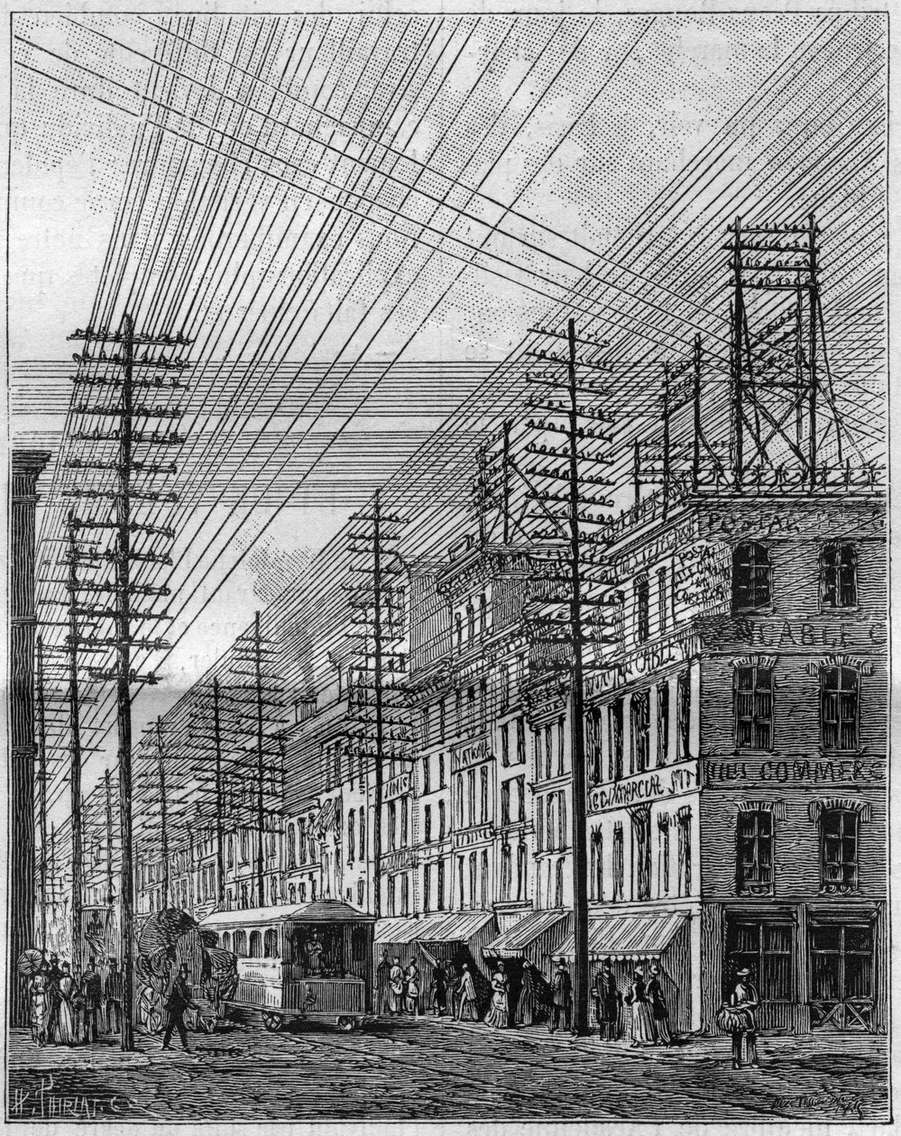 Luftstromleitungen in Philadelphia (Vereinigte Staaten), Ecke Chesnut Street und Third Street. Gravur in „La Nature. Revue des sciences et de ses applications aux arts et à l