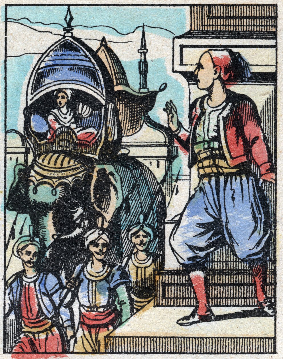 Aladin verliebt sich in die Tochter des Sultans. Gravur der Geschichte aus Tausendundeine Nacht „Aladin und die Wunderlampe“. Epinal-Bild, Ende des 19. Jahrhunderts. Private Sammlung. von French School