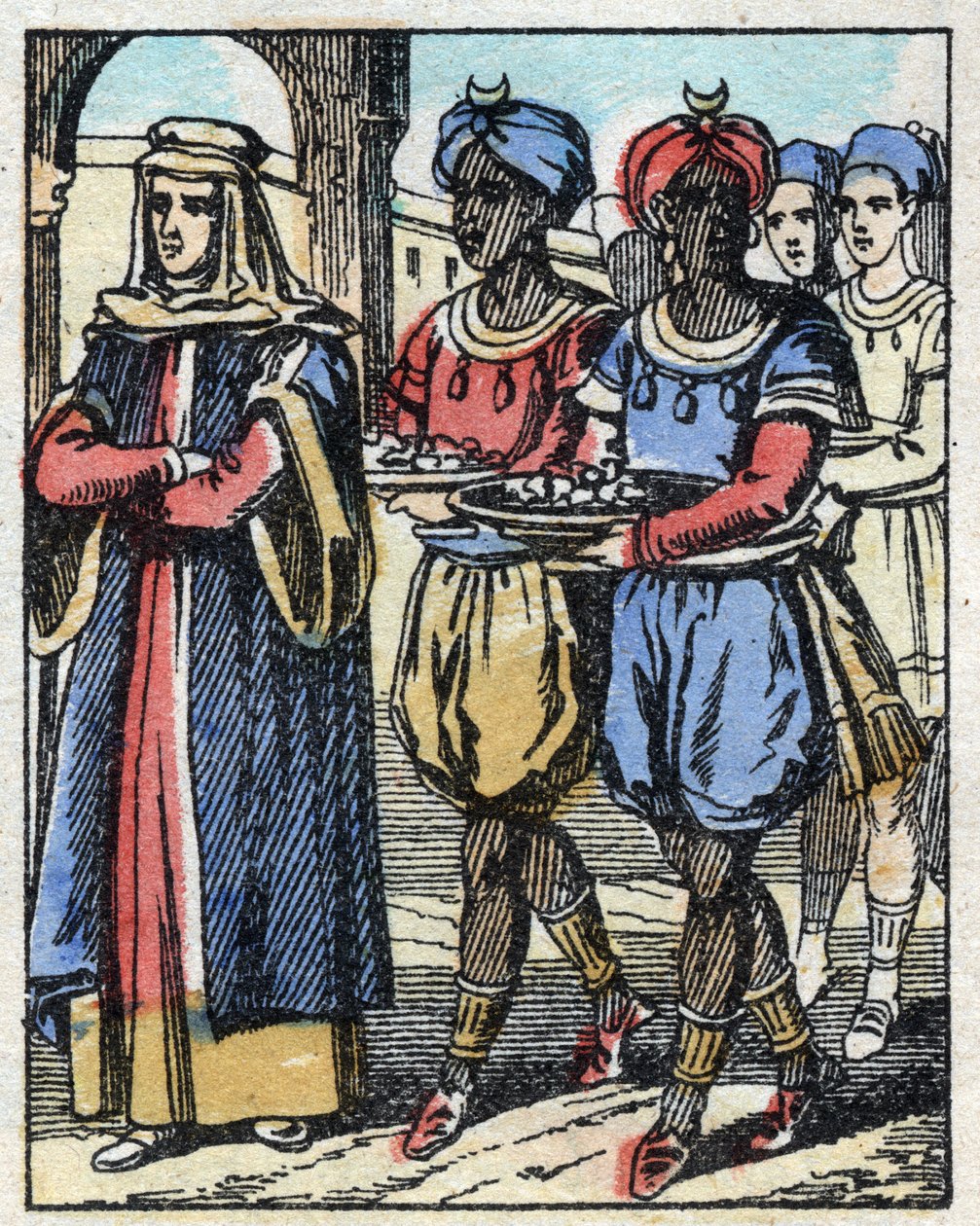 Aladin schickt erneut seine Mutter, begleitet von Sklaven, die Geschenke tragen, um der Tochter des Sultans einen Heiratsantrag zu machen. Gravur aus dem Märchen „Aladin und die Wunderlampe“ aus Tausendundeine Nacht. Epinal-Bild, Ende des 19. Jahrhunderts. von French School