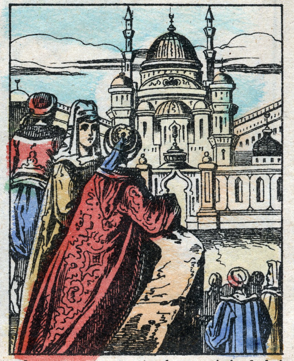 Aladin wünscht sich, dass der Dschinn einen prächtigen Palast gegenüber dem Palast des Sultans baut. Gravur aus dem Märchen Tausendundeine Nacht "Aladin und die Wunderlampe". Epinal-Bild, Ende des 19. Jahrhunderts. Private Sammlung. von French School