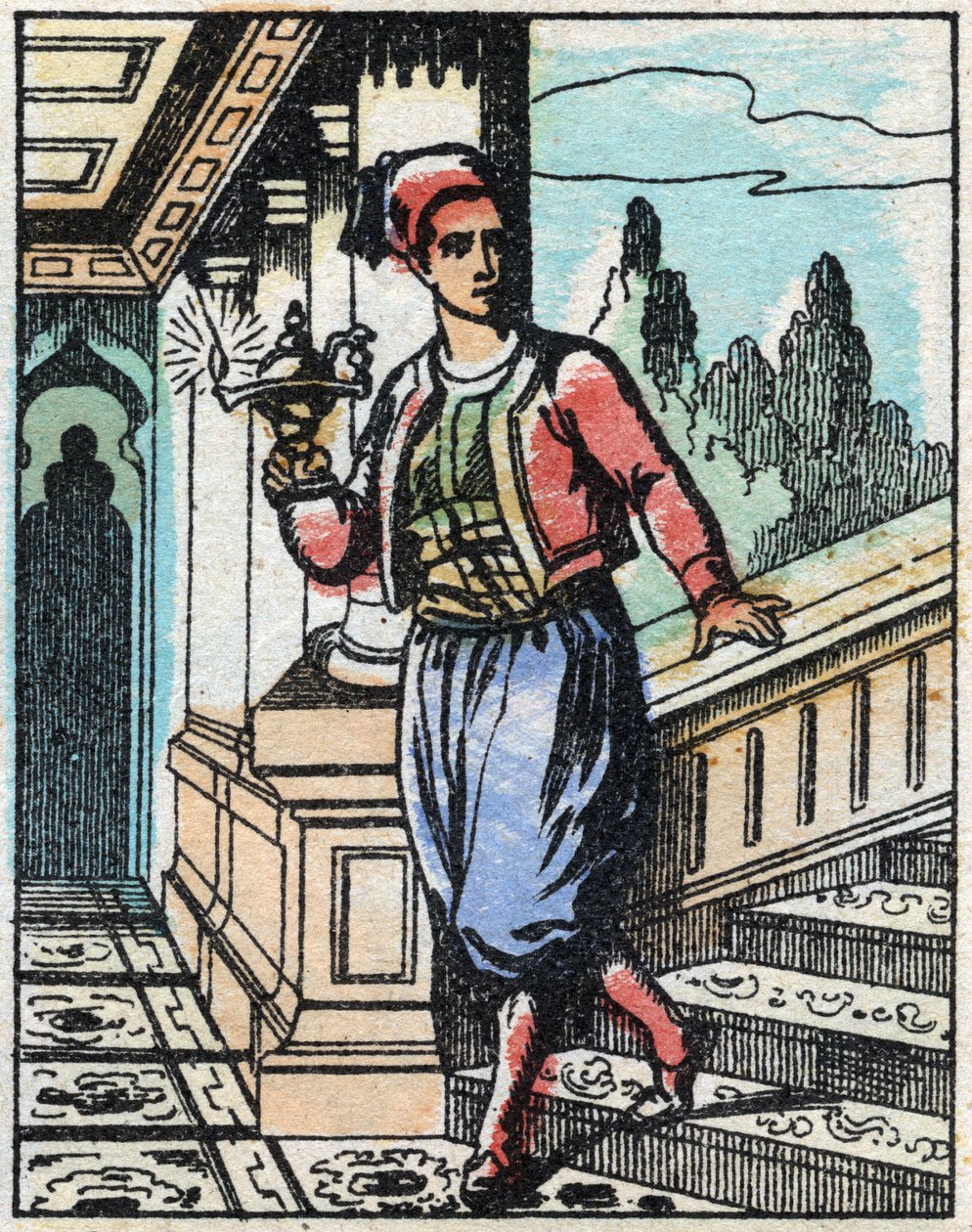 Aladin mit der Wunderlampe findet seinen Weg nicht mehr. Stich aus dem Märchen „Aladin und die Wunderlampe“ aus Tausendundeine Nacht. Epinal-Bild, Ende des 19. Jahrhunderts. Private Sammlung. von French School