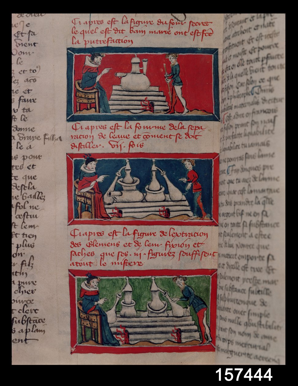 Alchemisten bei der Arbeit, aus einem Manuskript der Alchemie von French School