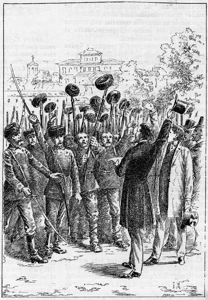 Alexander von Battenberg - Alexander I. von Bulgarien oder Alexander von Battenberg (1857-1893) proklamierte in Philippopoli die Vereinigung von Rumänien und Bulgarien, in „Die Illustrierte Welt“ von French School