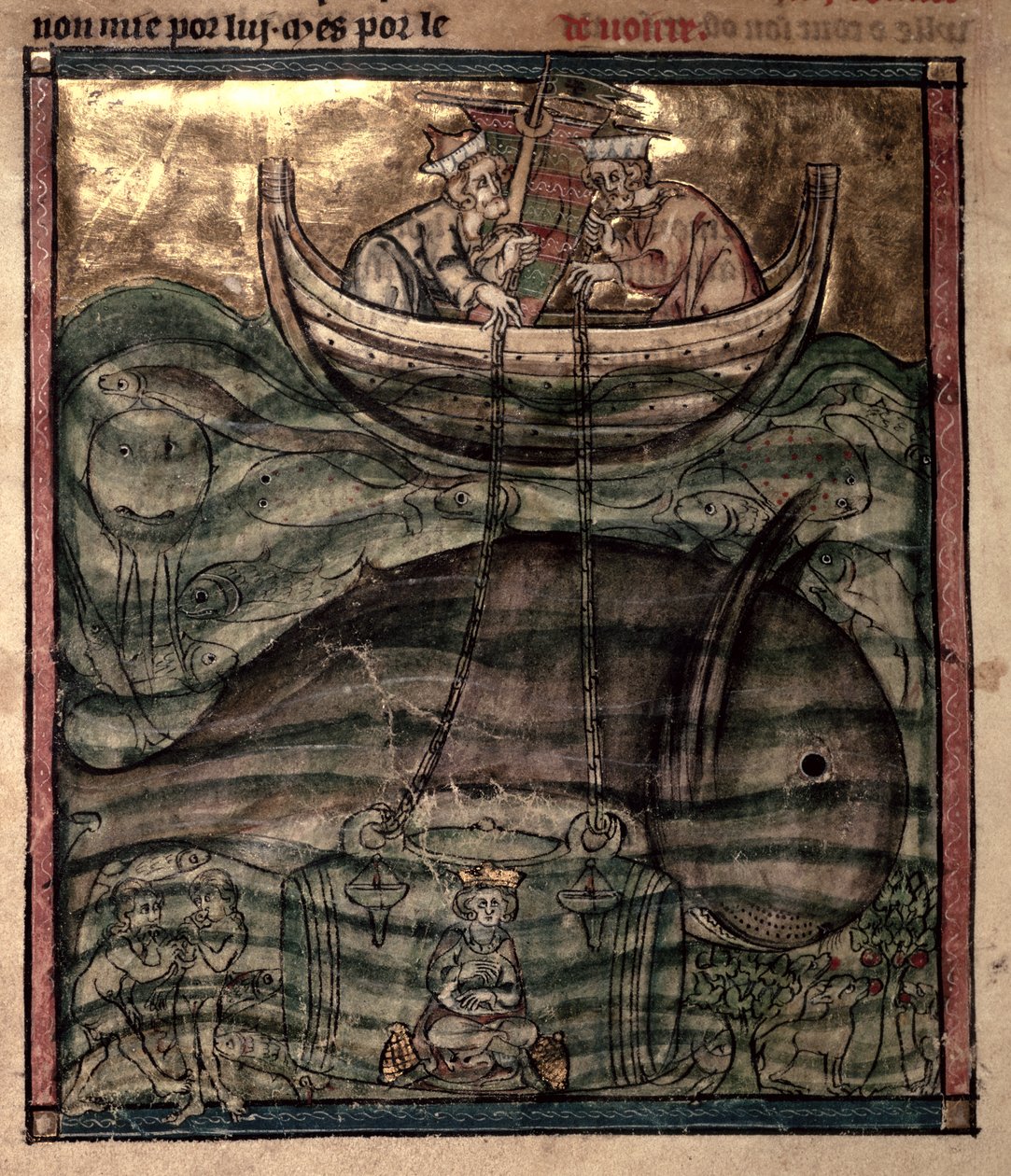 Alexander der Große wird in einem Glaskäfig auf den Meeresboden herabgelassen, aus 