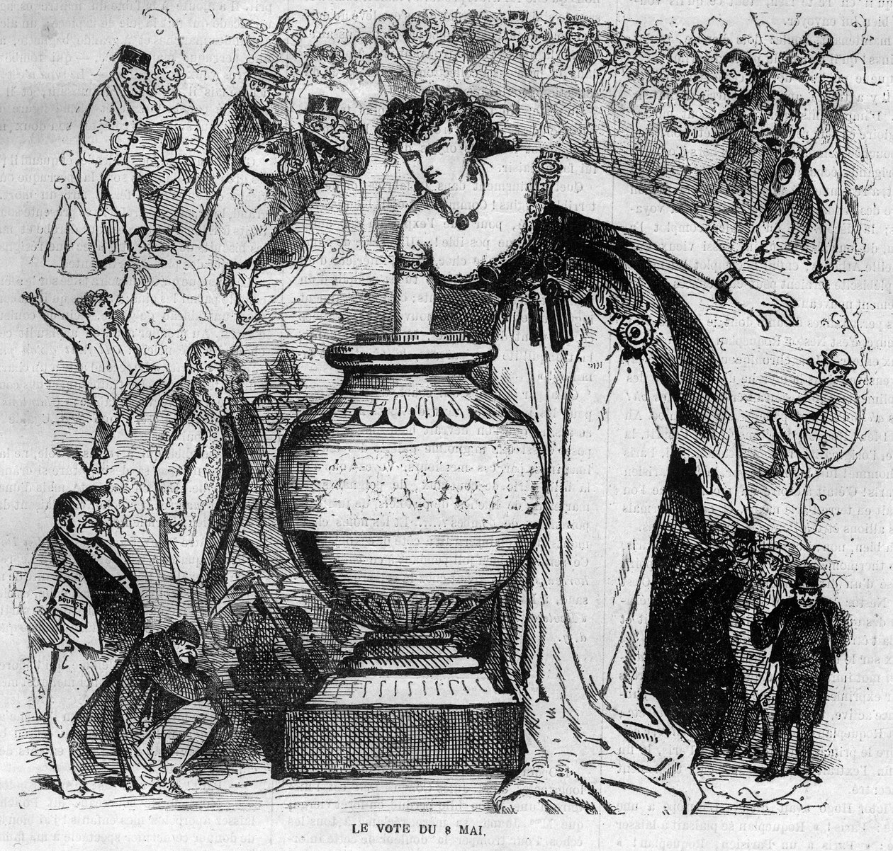 Allegorie des Plebiszits vom 8. Mai 1870, letztes Plebiszit unter dem Zweiten Kaiserreich. Kupferstich von 1870 von French School