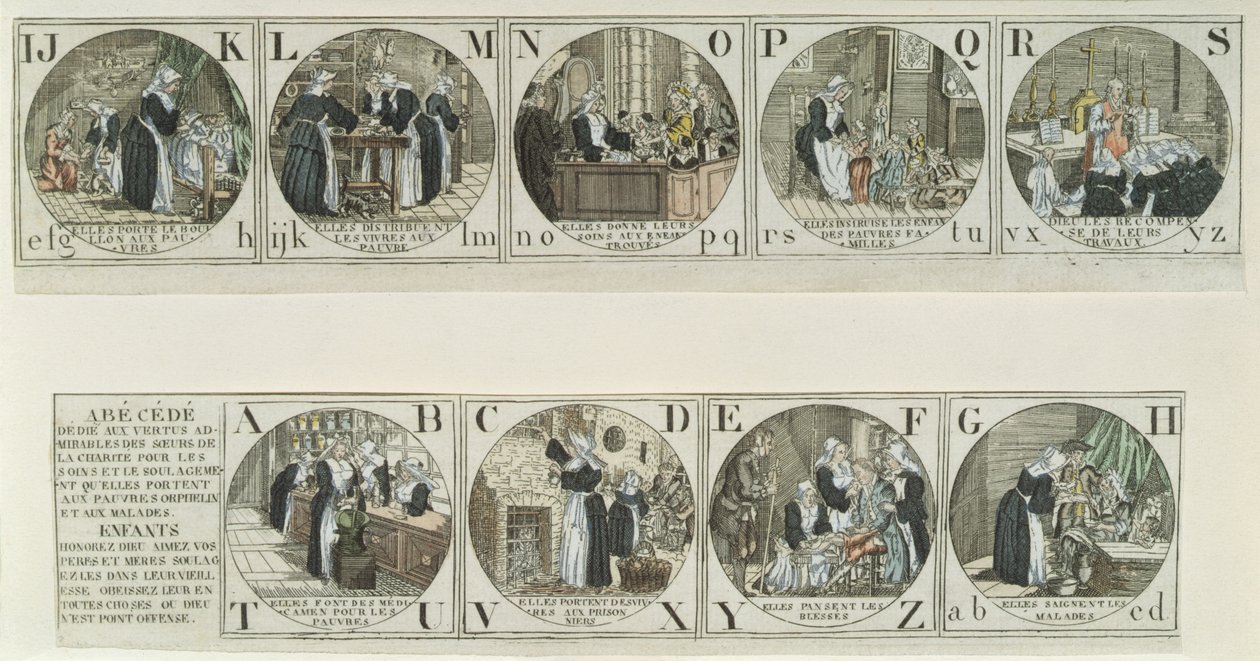 Alphabet-Fibel, Darstellung der Arbeit der Barmherzigen Schwestern, frühes neunzehntes Jahrhundert von French School