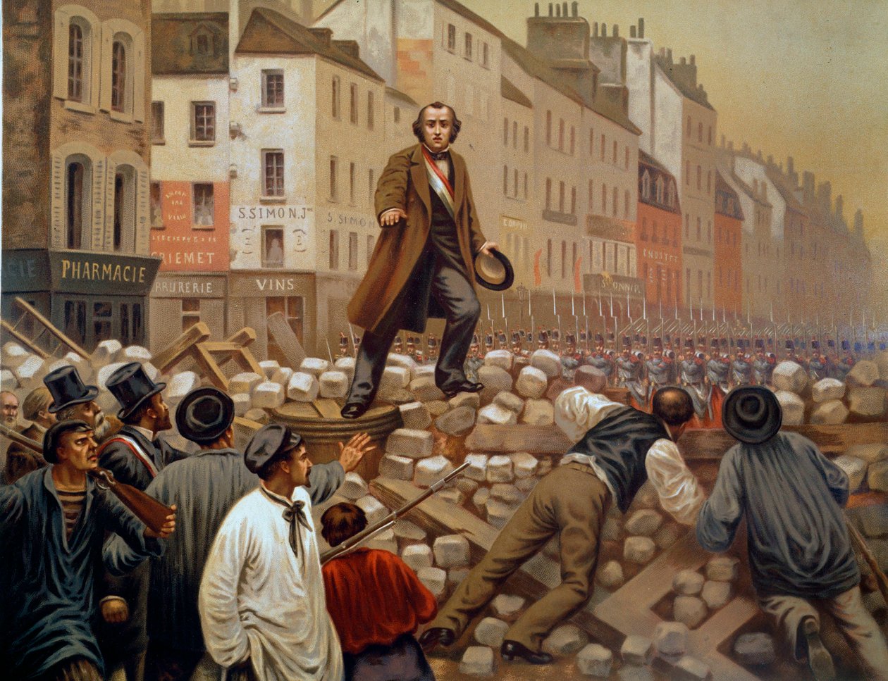 Alphonse Baudin (1811-1851) auf der Barrikade der Faubourg Saint Antoine am 3.12.1851 während des Staatsstreichs von Louis Napoleon III. (Louis-Napoleon Bonaparte). Gravur von 1851 von French School