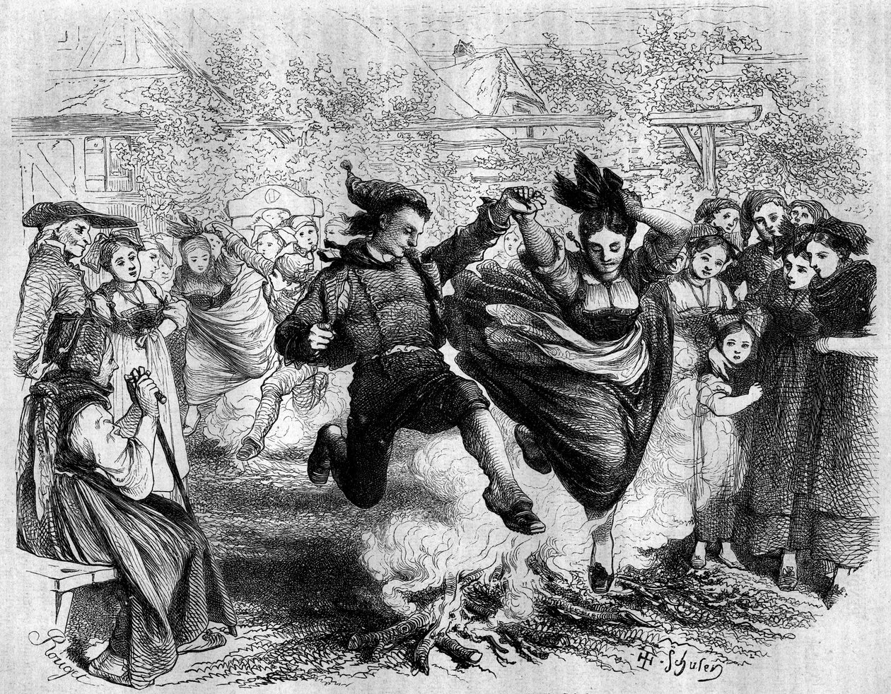 Elsässischer Brauch: das Feuer von Sankt Johann (Sankt Johann). Ein Mann und eine Frau springen über ein Holzfeuer. Gravur in „Le Magasin Picturesque“ von French School
