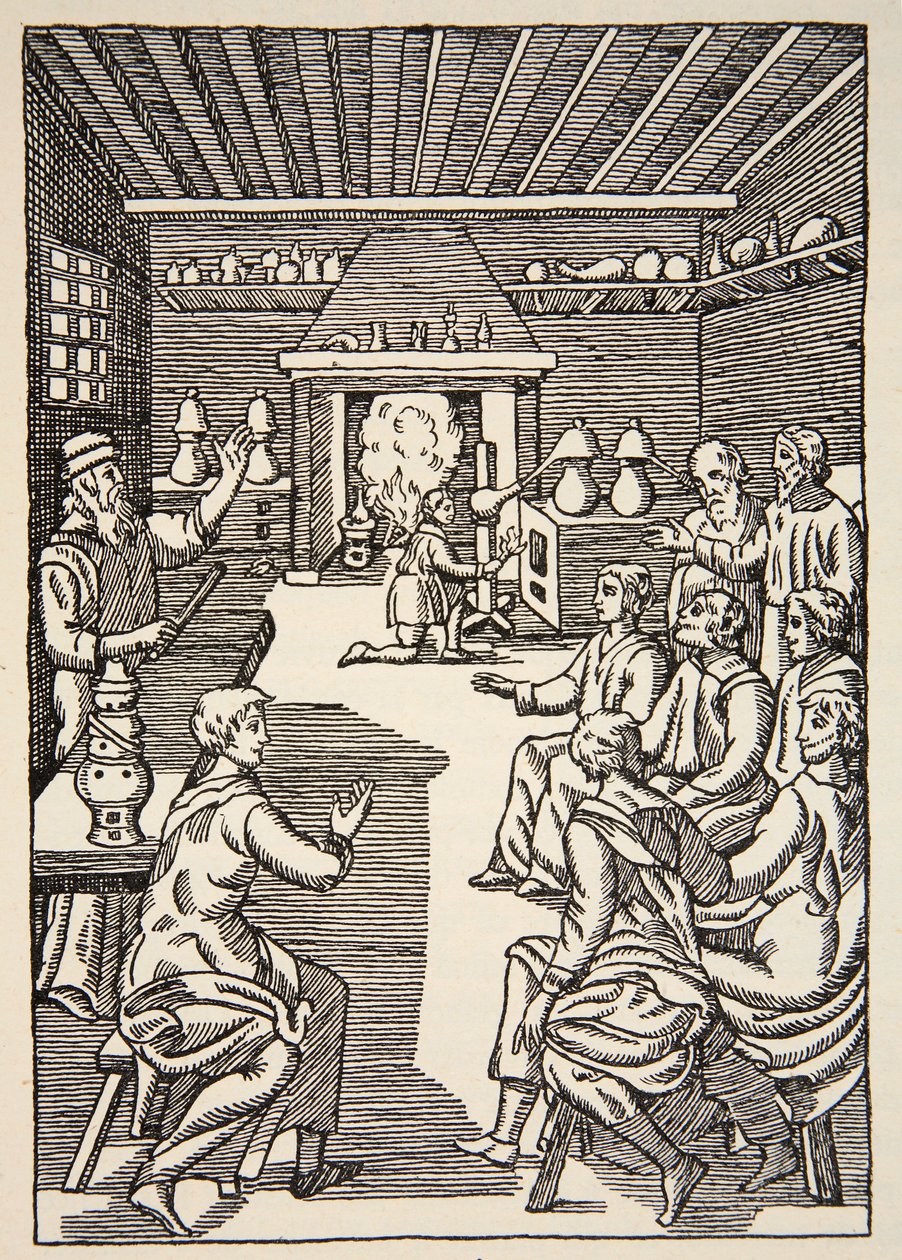 Eine Alchemie-Lektion im 14. Jahrhundert, Kopie von Boris Mestchersky, Illustration aus Histoire de la Nation Francaise, Sciences, Bände I & II, von Gabriel Hanotaux, 1924 von French School