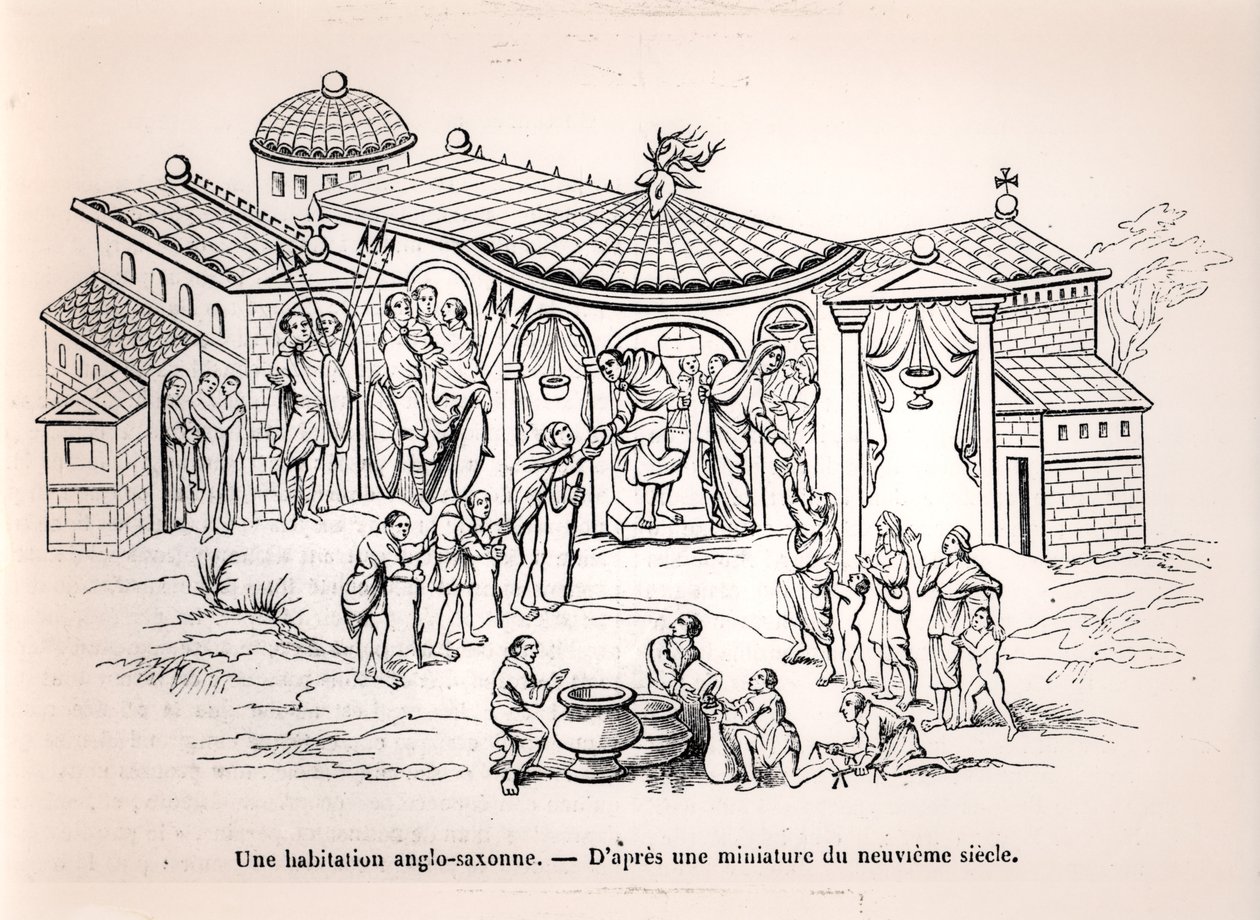 Ein angelsächsisches Heim in England vor der Ankunft der Normannen, nach einer Miniatur aus dem 9. Jahrhundert von French School