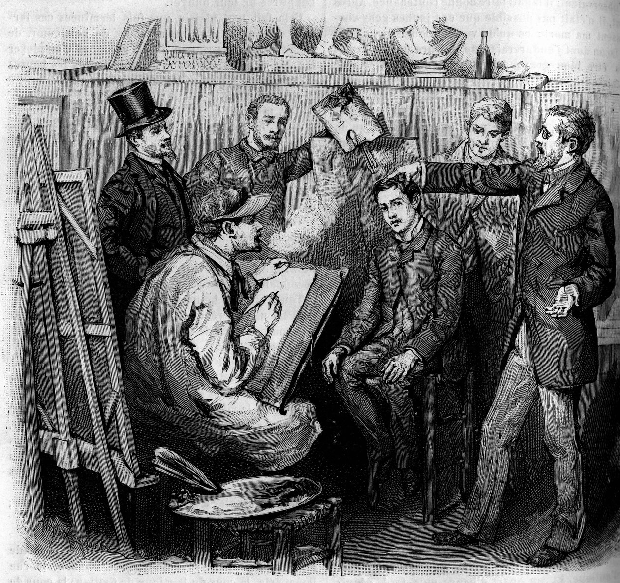 Analyse eines Phrenologen (Phrenologie) an einem Kandidaten in einer Kunstschule in Paris. Gravur im illustrierten Journal „La jeunesse“ von French School