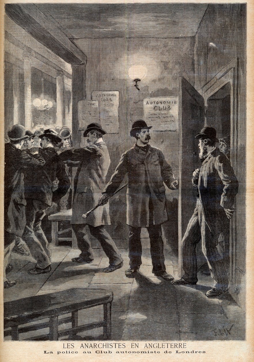 Anarchisten in England. Die Polizei durchsucht den Autonomie-Club in London. Anarchisten in England. Polizei im Londoner Autonomie-Club. Illustration für Le Petit Journal, 5. März 1894 von French School