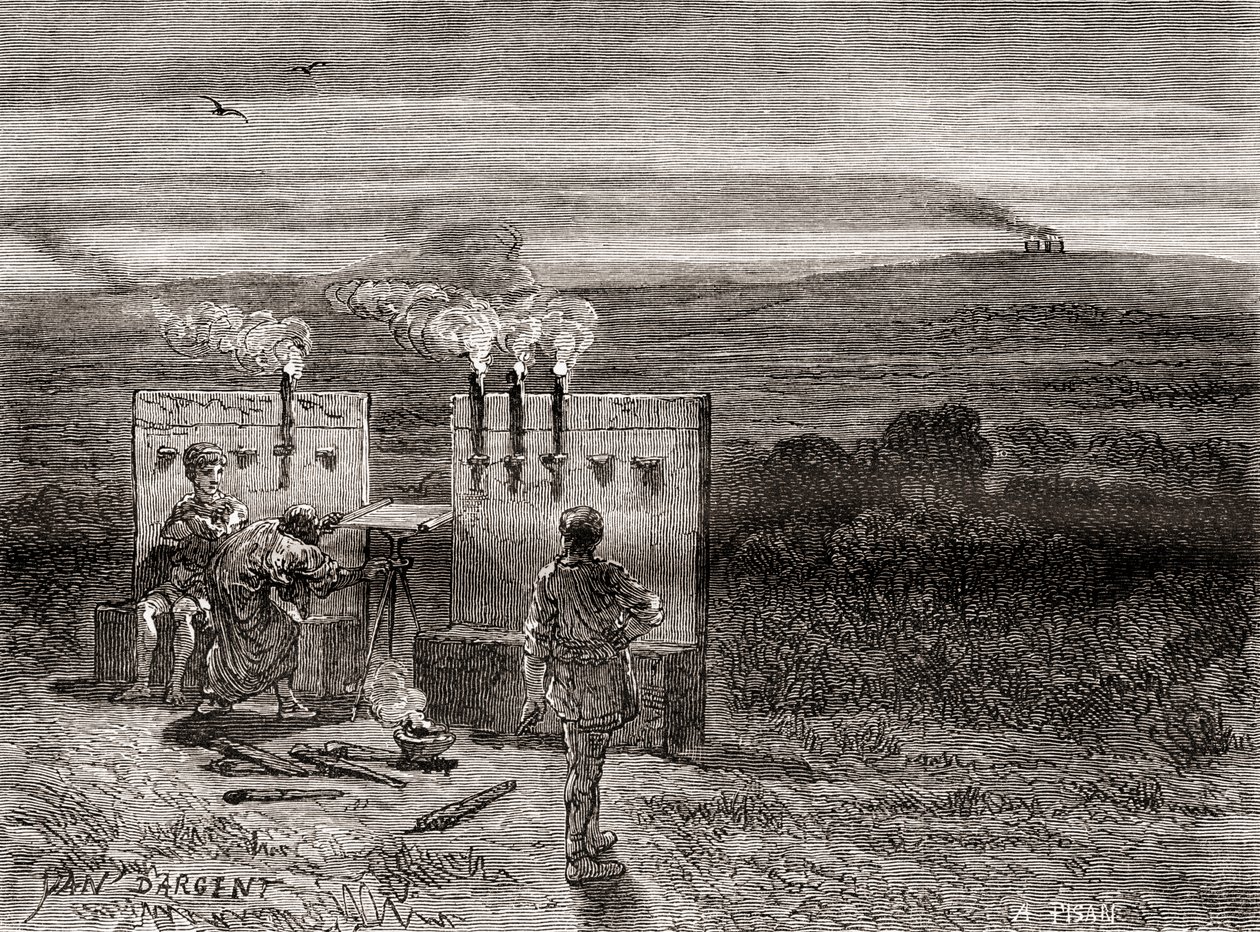 Der antike griechische Historiker Polybios arbeitet am Polybios-Quadrat oder Schachbrett, einem System, das er als Hilfe für die Telegrafie mit Fackeln erfand, aus Les Merveilles de la Science, veröffentlicht um 1870 von French School