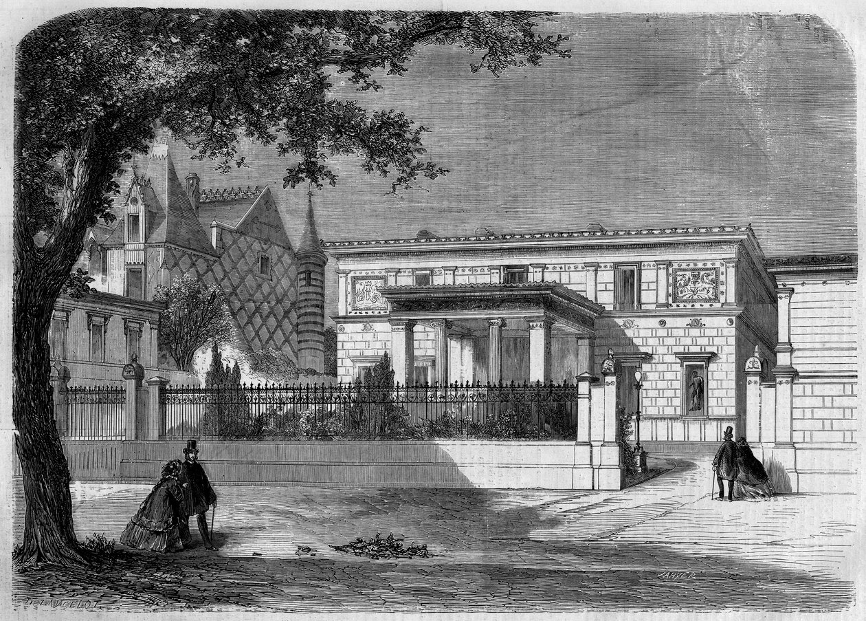 Antike Architektur: Blick auf die Fassade des pompejanischen Hauses des „Prince Napoleon“ (1822-1891), gebaut von Architekt Alfred Normand. Paris, Rue Montaigne. von French School