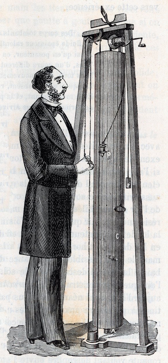 Apparat von Arthur Jules Morin (1795-1880) Apparat zur Untersuchung des freien Falls - Gravur in „Wissenschaften für alle - Populäre Physik und Chemie“ von Alexis Clerc - Ende 19. Jahrhundert - Private Sammlung von French School
