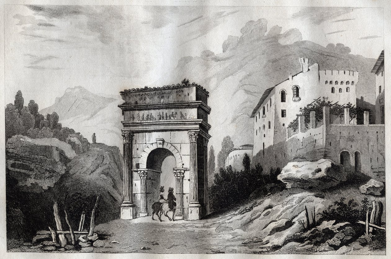 Bogen des Augustus (Susa) - Gravur aus „Italy Picturesque - Historical and Descriptive Painting of Italy“ von M. de Norvins, Ch. Nodier 1834-1836. von French School