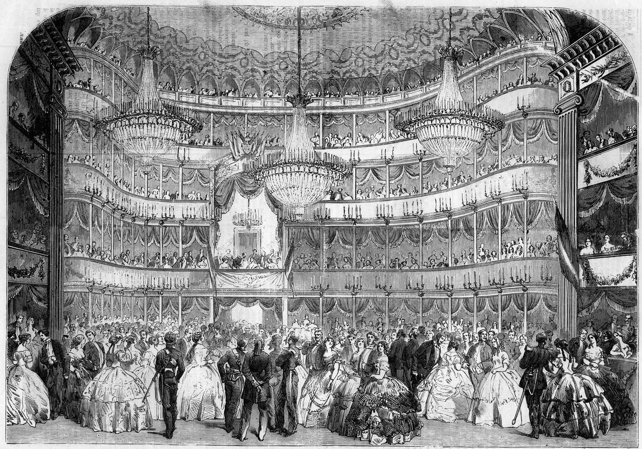 Architektur: Innenansicht des Königlichen Theaters (19. Jahrhundert) in Nizza (Alpes Maritimes, 06), 1858, während des Wohltätigkeitsballs der Societe francaise d